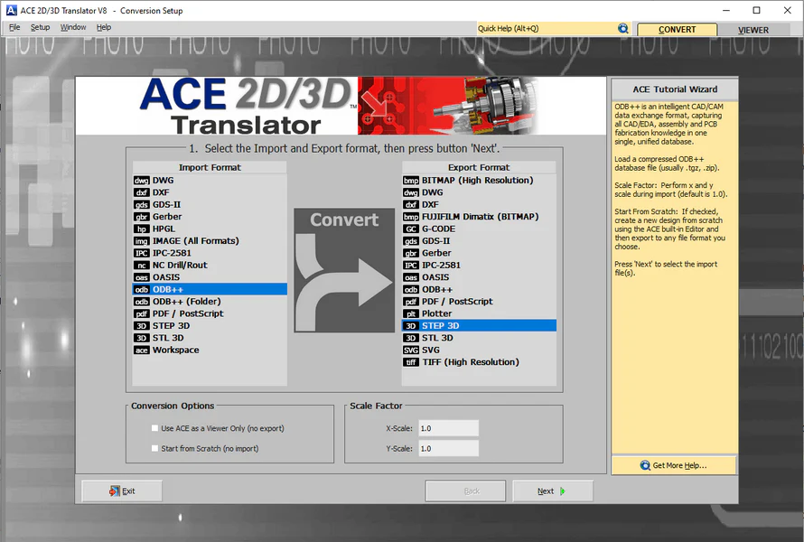 ACE 2D/3D Translator Interface showing PCB CAD conversion capabilities