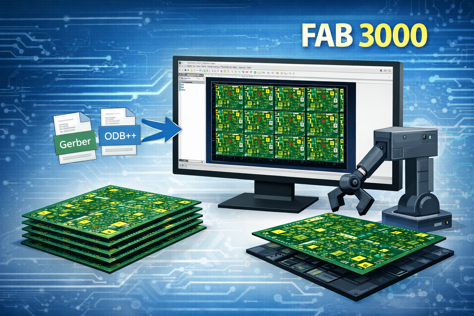 FAB 3000 PCB panelization setup showing monitor with panel layout, Gerber and ODB++ file icons, PCB panels, and robotic arm