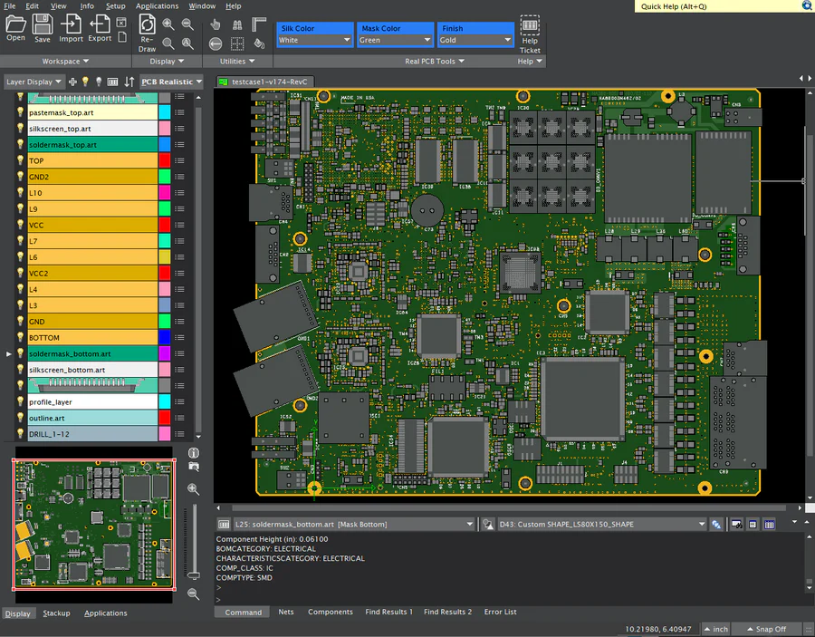 FAB 3000 CAM software interface showing PCB Gerber file editing and DFM analysis tools